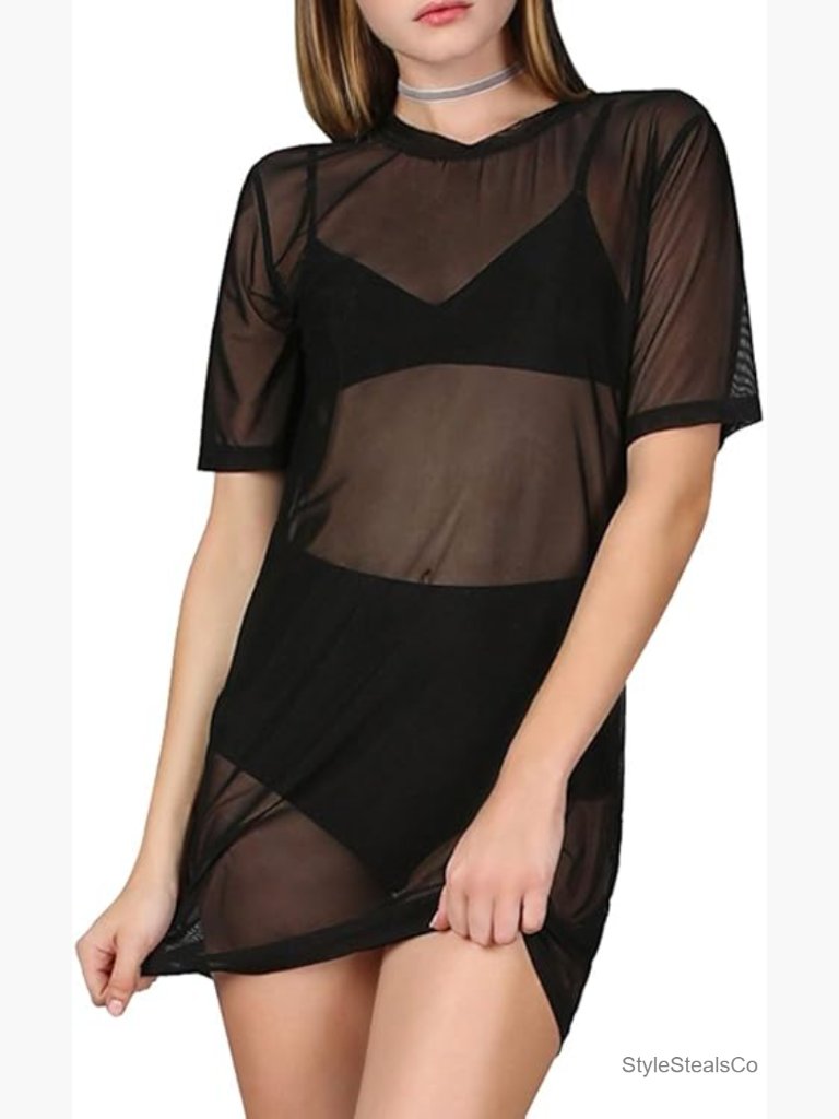 Sheer See Through Mesh Cover Up T-Shirt Dress Swim Beach